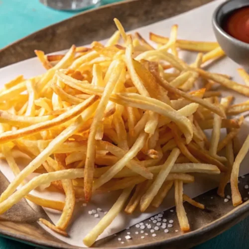 A pile of golden-brown shoestring potato fries is served on a rustic platter lined with white parchment paper. A small bowl of ketchup is visible in the top right, and coarse salt is sprinkled on the paper.