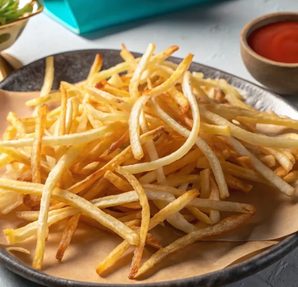 A pile of golden-brown shoestring potato fries is served on a rustic platter lined with white parchment paper. A small bowl of ketchup is visible in the top right, and coarse salt is sprinkled on the paper.