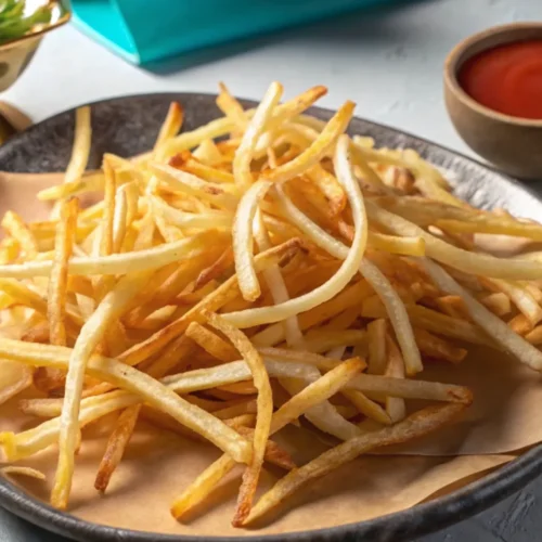 A pile of golden-brown shoestring potato fries is served on a rustic platter lined with white parchment paper. A small bowl of ketchup is visible in the top right, and coarse salt is sprinkled on the paper.