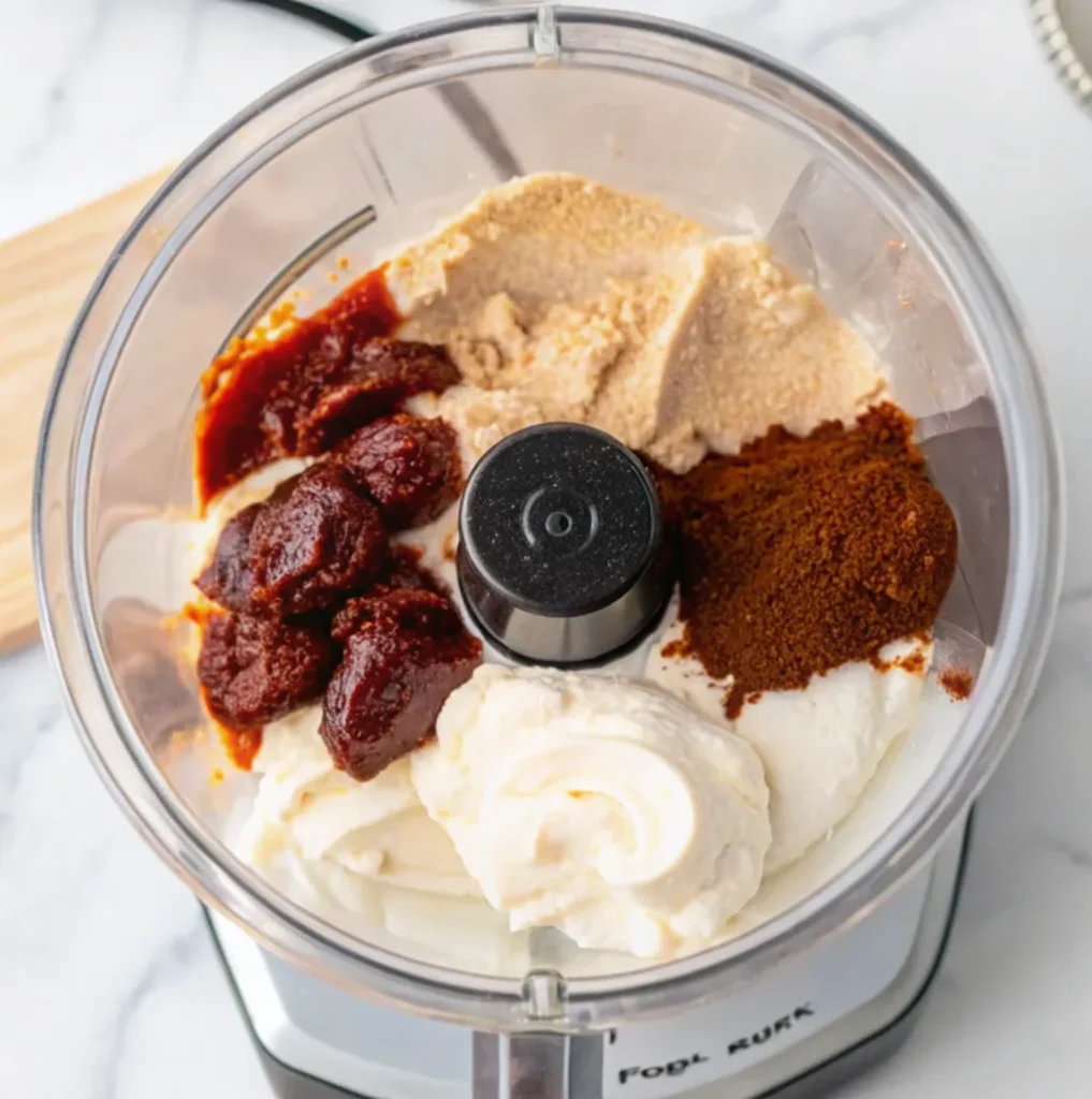 The food processor contains the ingredients for Southwest Ranch dressing, including sour cream mayonnaise, brown sugar and spices, adobo, paprika, and chili powder.