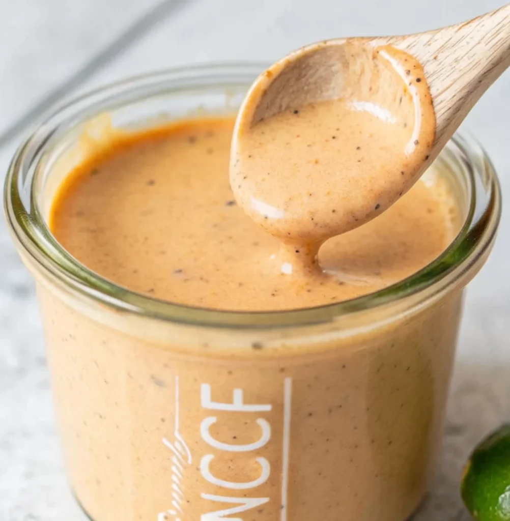 A thick, creamy Southwest Ranch dressing with a light orange-brown color and visible spices is being drizzled from a wooden spoon back into a small glass jar.