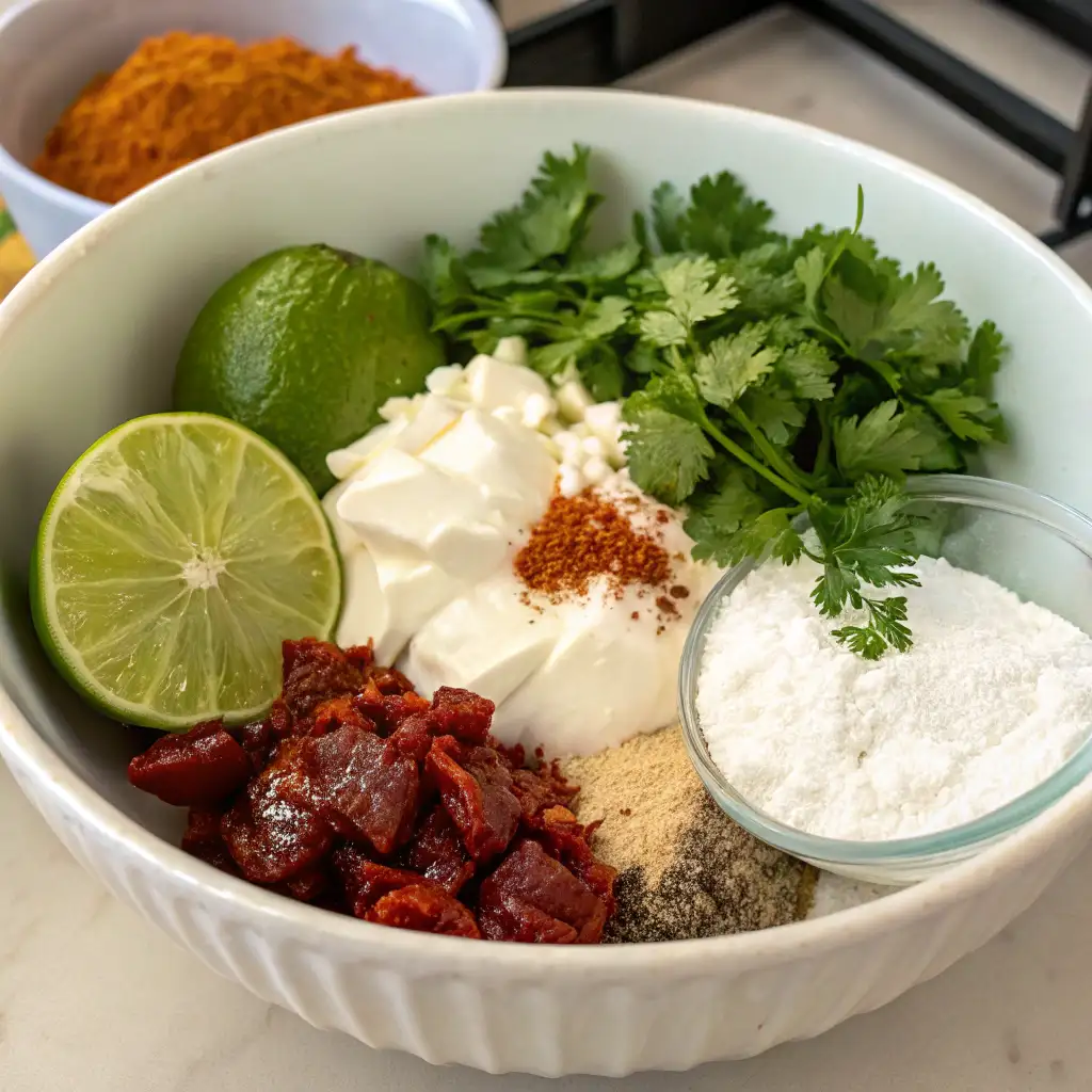 Ingredients in Southwest Ranch dressing, including sour cream mayonnaise, brown sugar and spices, adobo, paprika, and chili powder.