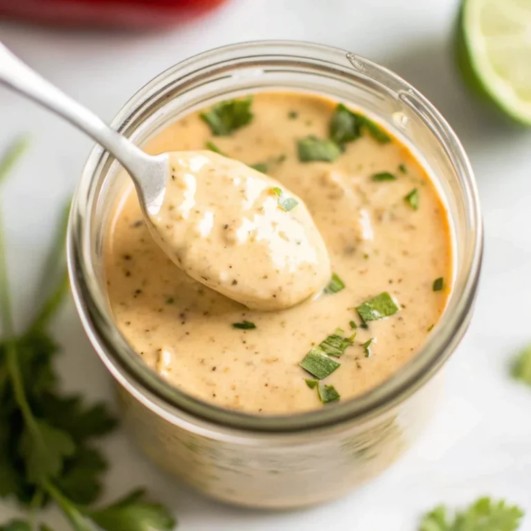 A spoonful of creamy, light orange-hued Southwest Ranch dressing with specks of spice and chopped cilantro is being lifted from a glass jar. A lime wedge is visible in the background.