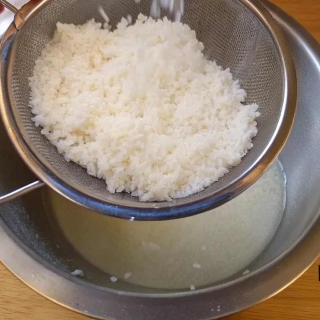 White rice is being strained through a metal mesh sieve held over a large stainless steel bowl filled with the cloudy rice rinsing water.