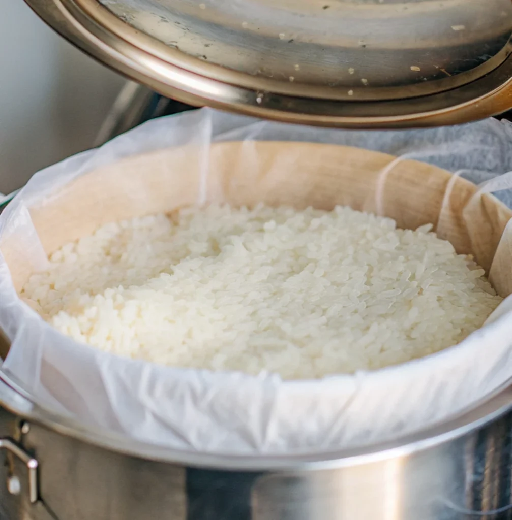 The fluffy white rice is steamed in a wooden basket lined with cotton cloth, placed inside a large stainless steel pot with a partially open lid.