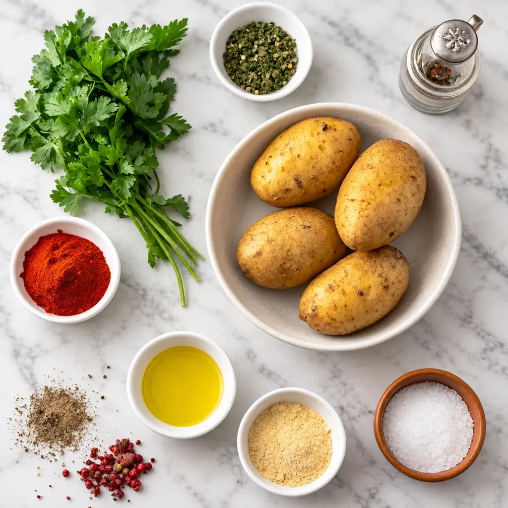 ingredients for some seriously good baked diced potatoes: potatoes, olive oil, salt, paprika, ground ginger, mixed herbs, black and pink peppercorns, and fresh parsley.