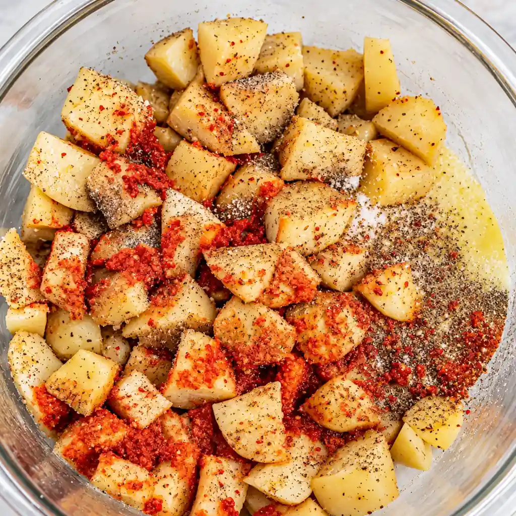 A clear glass bowl is filled to the brim with peeled and uniformly diced raw potatoes. These little cubes are prepped