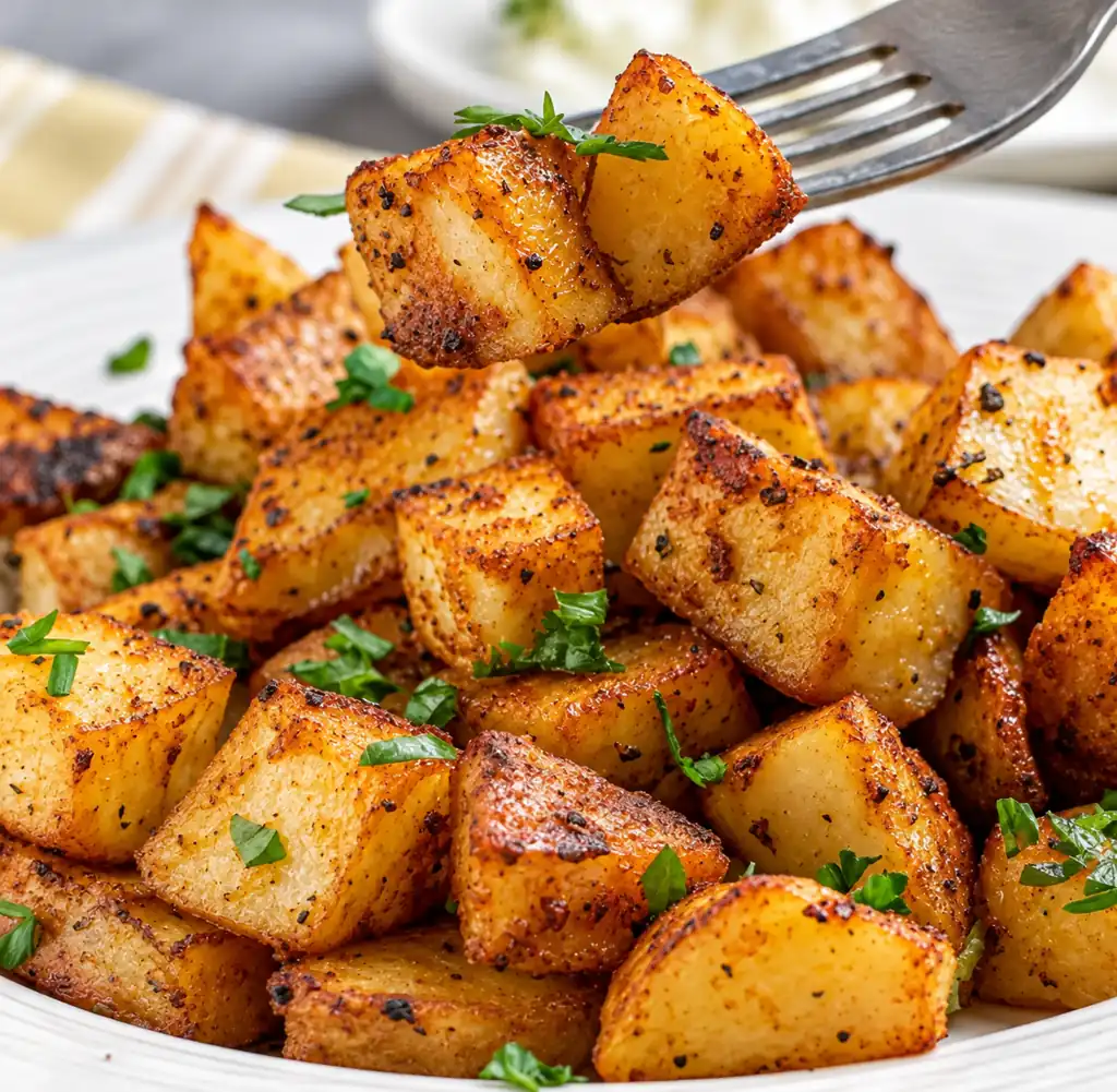 a white plate piled high with crispy, golden-brown baked diced potatoes. They are flecked with spices and garnished with fresh green parsley. A fork is lifting one perfect, fluffy cube for a bite.