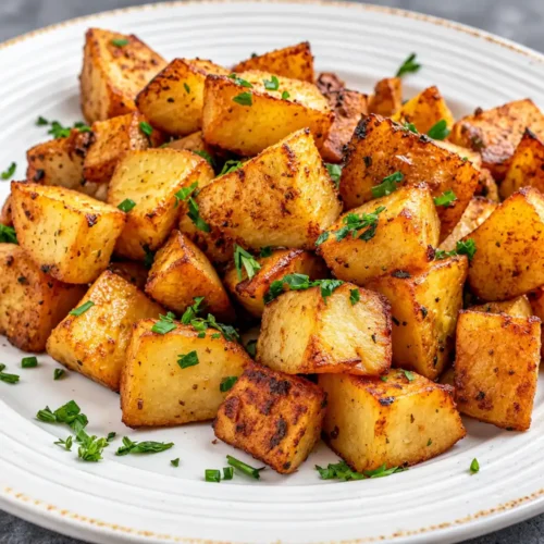 a white plate piled high with crispy, golden-brown baked diced potatoes. They are flecked with spices and garnished with fresh green parsley.