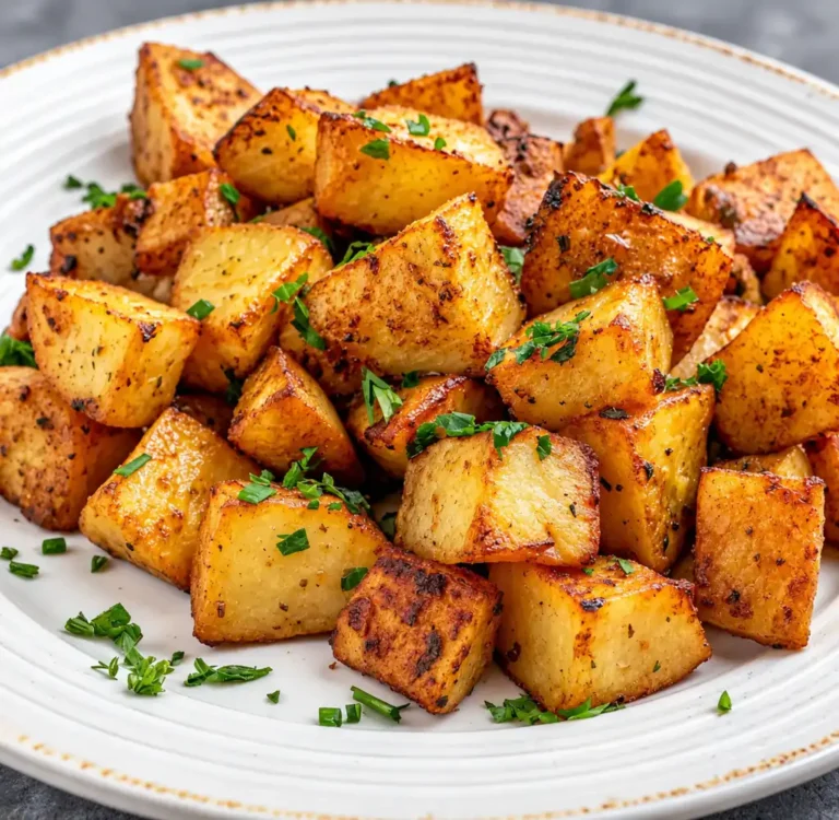 a white plate piled high with crispy, golden-brown baked diced potatoes. They are flecked with spices and garnished with fresh green parsley.