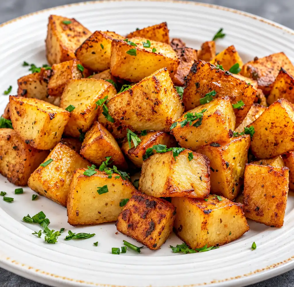 a white plate piled high with crispy, golden-brown baked diced potatoes. They are flecked with spices and garnished with fresh green parsley.