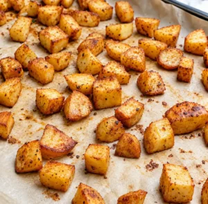 A glorious sheet pan of baked diced potatoes, golden brown and crispy, rests on parchment paper. Perfectly seasoned