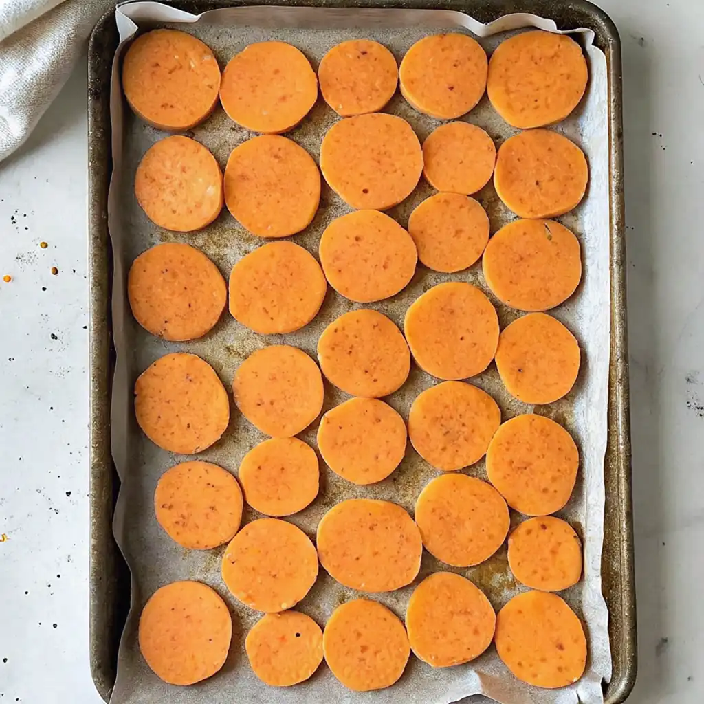 round slices of orange sweet potato arranged neatly in rows on a parchment-lined baking sheet. The seasoned slices are ready to be baked.