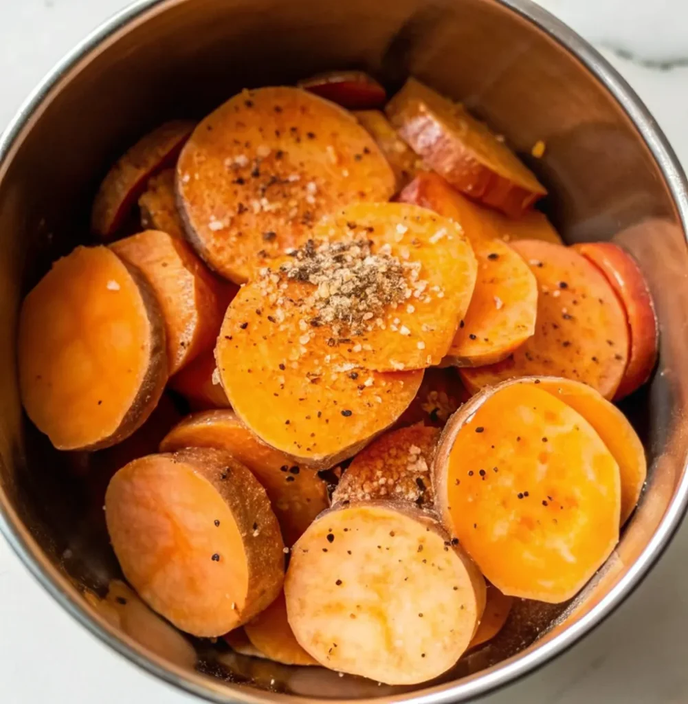 bright orange, round sweet potato slices placed in a stainless steel mixing bowl. They are heavily coated with fresh black pepper and coarse salt, ready for baking.