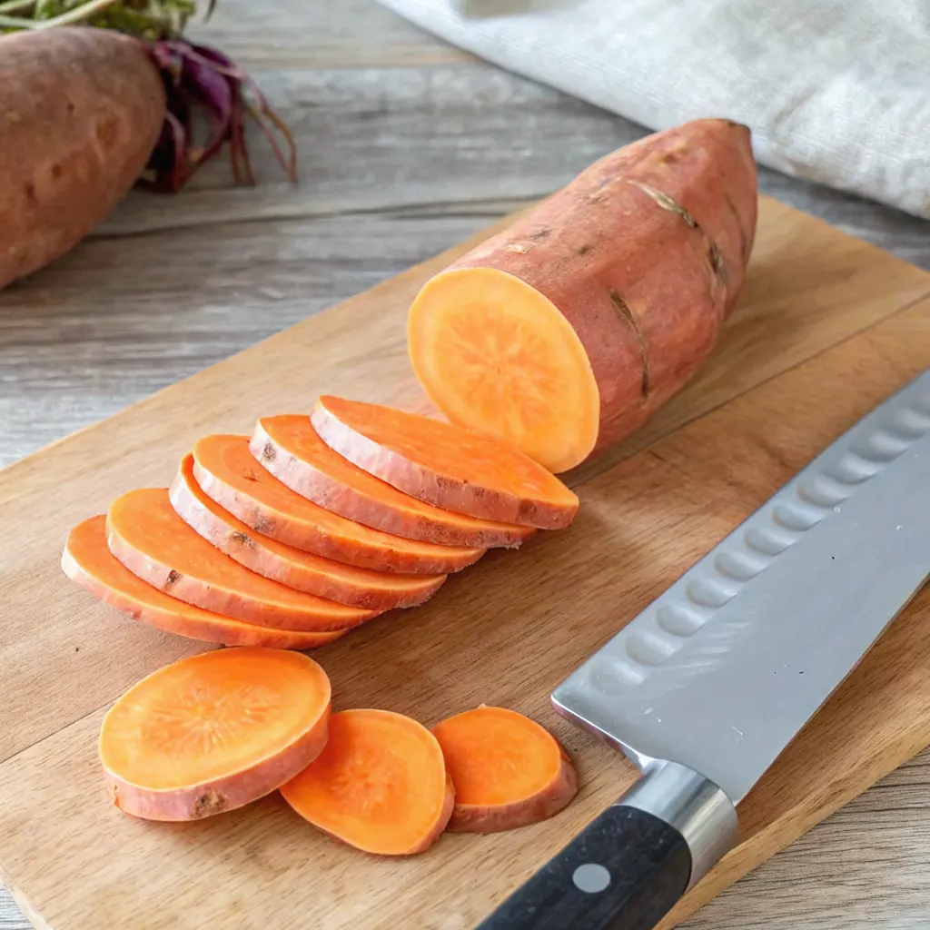 A partially sliced orange sweet potato rests on a light wooden cutting board. Six uniform, round slices are cut, and a large chef's knife lies ready beside them.
