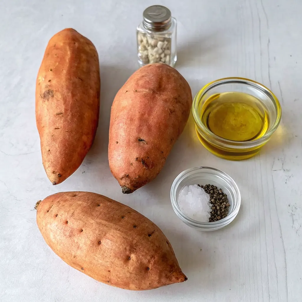 Ingredients for baked sweet potato slices: three whole orange sweet potatoes, a small bowl of olive oil, and small dishes of salt, ground black pepper, and dried thyme or herbs.