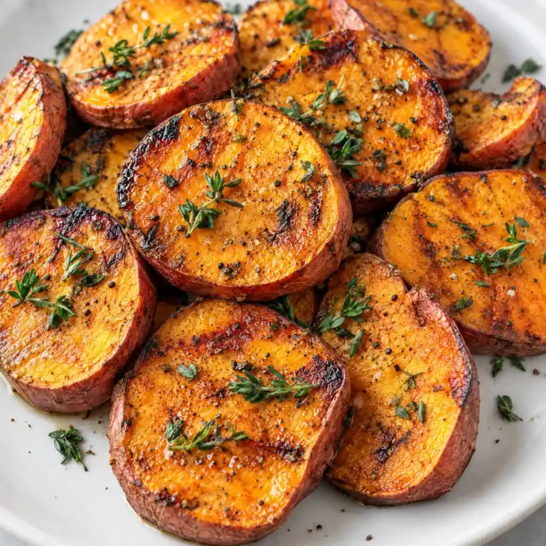 Golden-brown baked sweet potato slices with caramelized edges, garnished with fresh thyme leaves and black pepper, served stacked on a white plate.