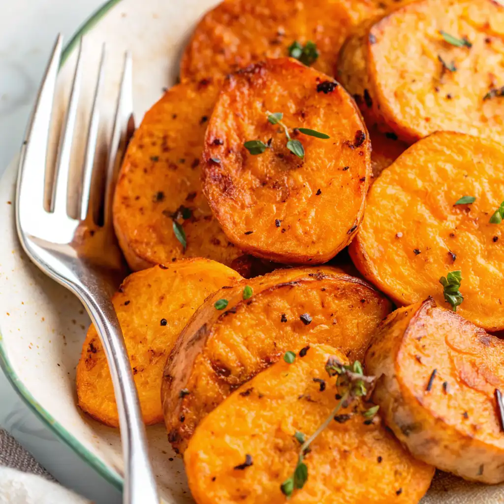 A mound of golden-brown, Baked sweet potato slices rounds is presented on a white plate, garnished with fresh thyme sprigs. A silver fork rests on the left side.