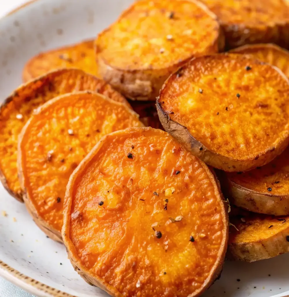 Baked sweet potato slices piled high on a light plate. The slices have crispy edges and are dusted with black pepper.