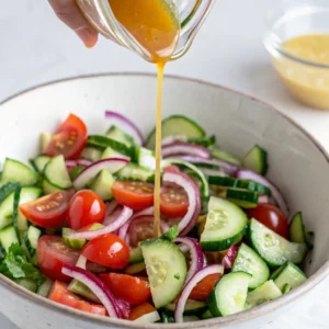 A hand is pouring golden vinaigrette from a glass pitcher onto a white bowl filled with sliced cucumbers, halved cherry tomatoes, and red onion for a fresh salad.