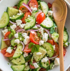 Close-up of a vibrant Cucumber Tomato Feta Salad in a white bowl, tossed with red onion, parsley, and vinaigrette, next to a wooden spoon.
