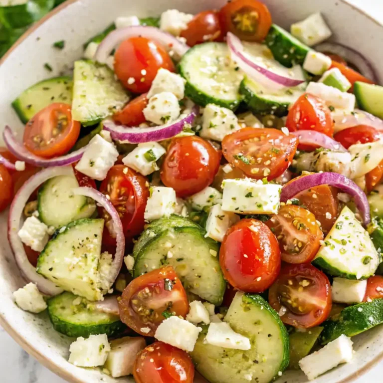 Close-up of a vibrant Cucumber Tomato Feta Salad seasoned with herbs. It shows sliced cucumbers, halved cherry tomatoes, and red onion tossed with crumbled feta.