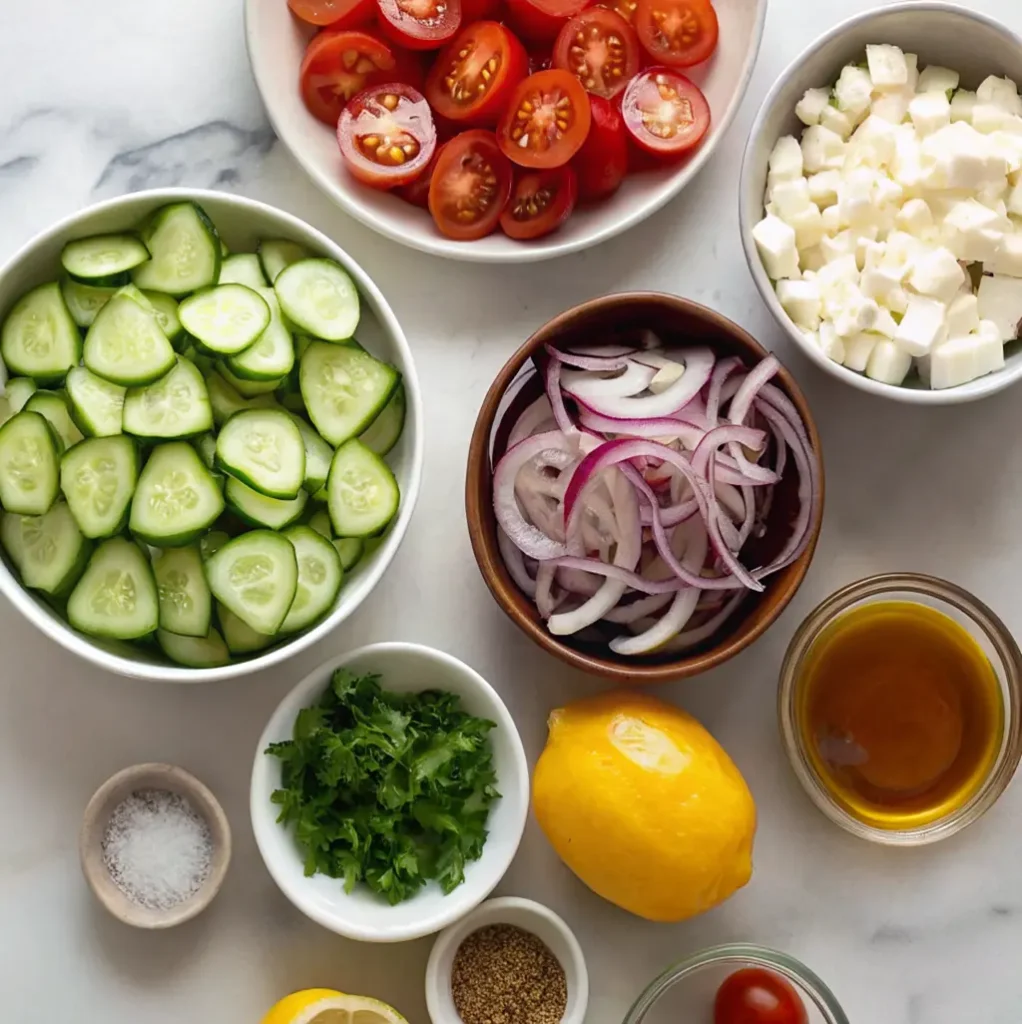 Fresh ingredients for a Cucumber Tomato Feta Salad, showing bowls of sliced cucumber, cherry tomatoes, crumbled feta, red onion, parsley, lemon, and olive oil dressing.