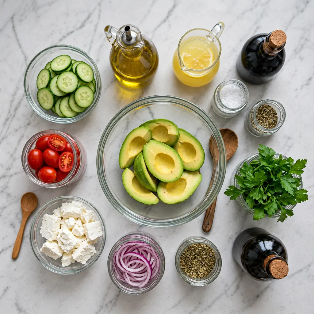 Cucumber Tomato Feta Salad ingredients on a marble counter, including sliced avocado, cucumbers, cherry tomatoes, cubed feta cheese, sliced red onion, fresh parsley, olive oil, and seasonings.