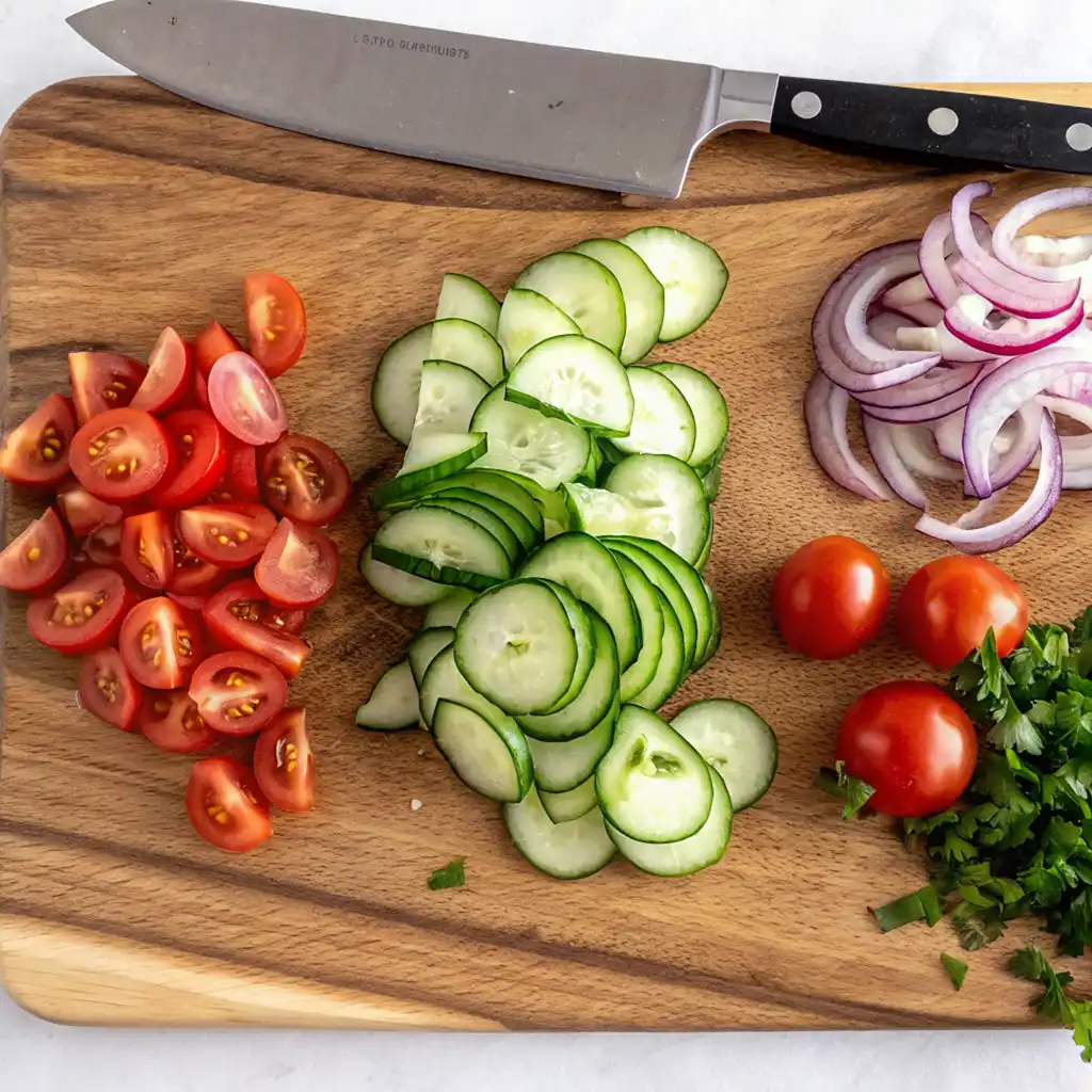 freshly sliced vegetables on a wooden board: halved cherry tomatoes, thin cucumber rounds, and rings of red onion, ready for a feta salad.