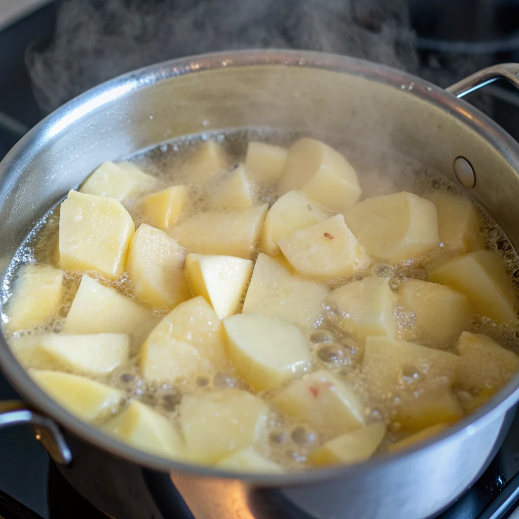 Potato chunks boiling in water on a stovetop, for a deviled egg potato salad recipe.