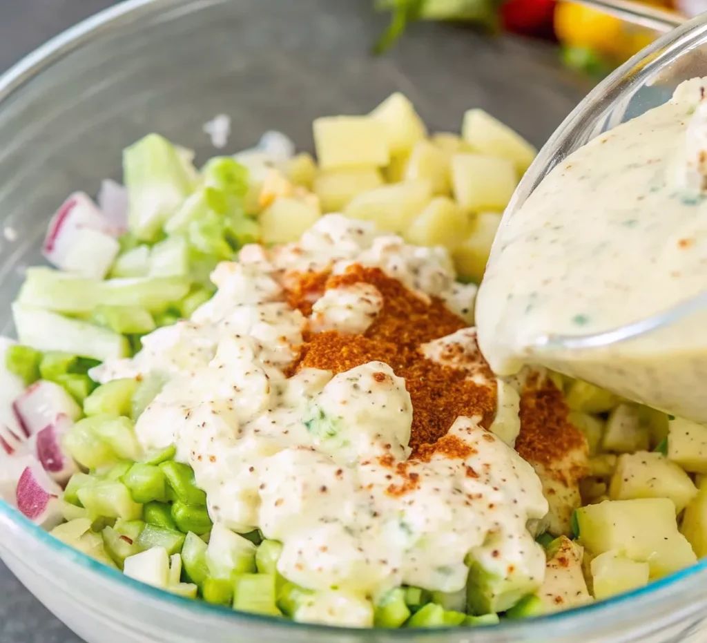 The creamy sauce is poured over the mixture of boiled egg whites in a large glass bowl of chopped potatoes, celery, and red onion. A pile of red pepper or spices is placed on top of the mixture.