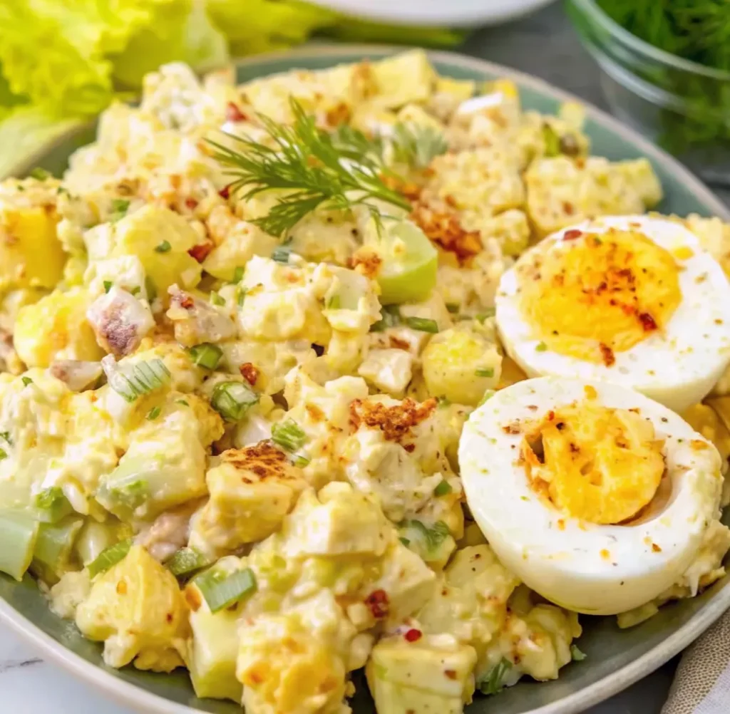 Deviled egg potato salad served on a green plate, featuring creamy chunks of potato and celery, garnished with a sprig of dill. Two hard-boiled egg halves dusted with seasoning sit beside the salad.