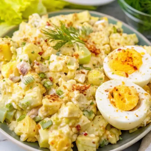 Deviled egg potato salad served on a green plate, featuring creamy chunks of potato and celery, garnished with a sprig of dill. Two hard-boiled egg halves dusted with seasoning sit beside the salad.