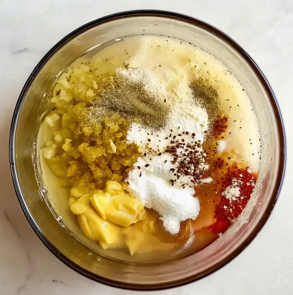 glass bowl holding the creamy dressing ingredients for deviled egg potato salad. Ingredients include mayonnaise, mustard, and vinegar, salt, and pepper