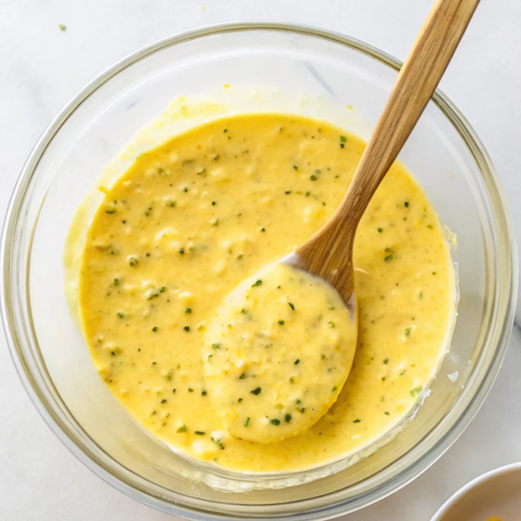A creamy sauce of mashed egg yolks mixed with the prepared dressing for the potato salad with boiled eggs in a glass bowl. A wooden spoon is in the bowl, showing the texture of the sauce and the herbs visible.