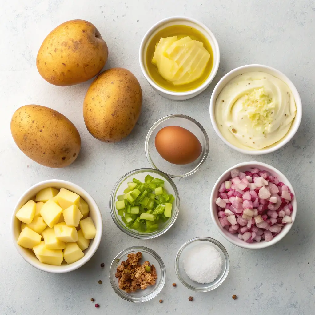 Ingredients used in potato and boiled egg salad, including whole potatoes cut into cubes, mayonnaise, eggs, red onions cut into cubes, chopped celery, mustard, and spices in small white bowls.