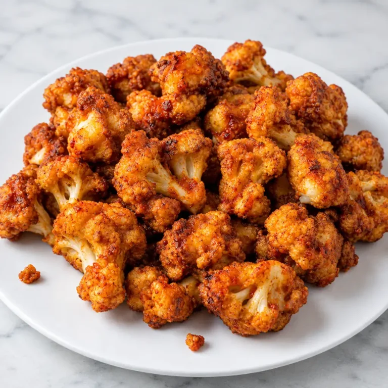 A round white plate piled high with golden, crispy fried cauliflower florets coated in reddish-brown seasoning, set against a light marble countertop background.