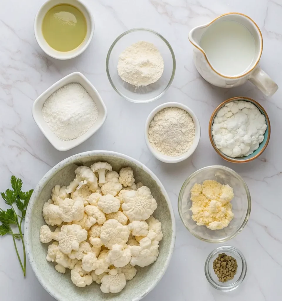 ingredients for fried cauliflower, including a large bowl of cauliflower florets, various flours and powders, buttermilk, oil, butter, paprika, parsley, and Salt & pepper, garlic powder on a marble surface.