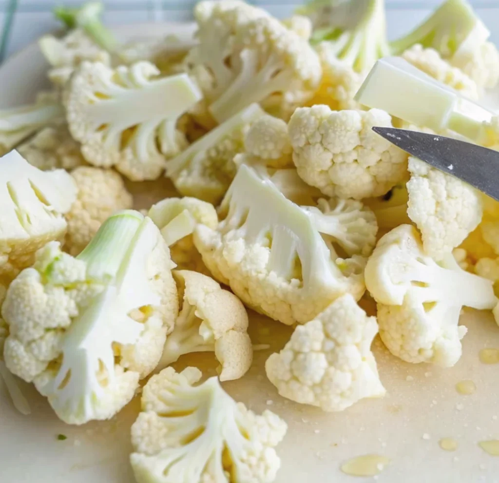 A close-up of a white cutting board shows cauliflower florets and wedges being cut with a knife.