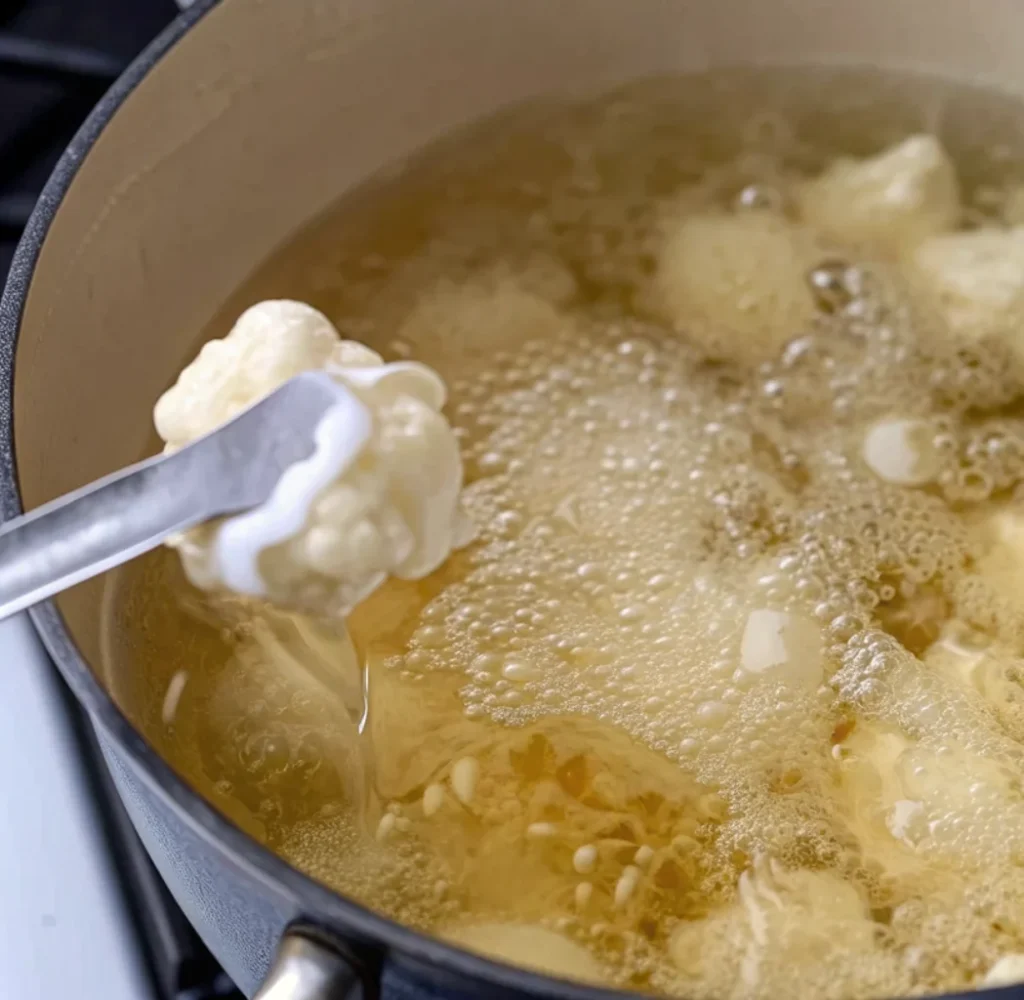 cauliflower floret held by silver tongs being gently placed into a dark pot of hot, bubbling oil during the deep-frying process.