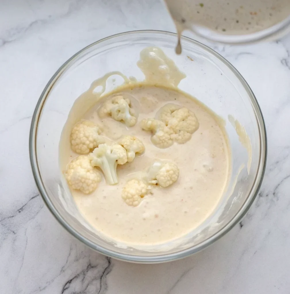 several cauliflower florets submerged in a thick, creamy, seasoned batter inside a clear glass bowl, with more batter being poured in from above.