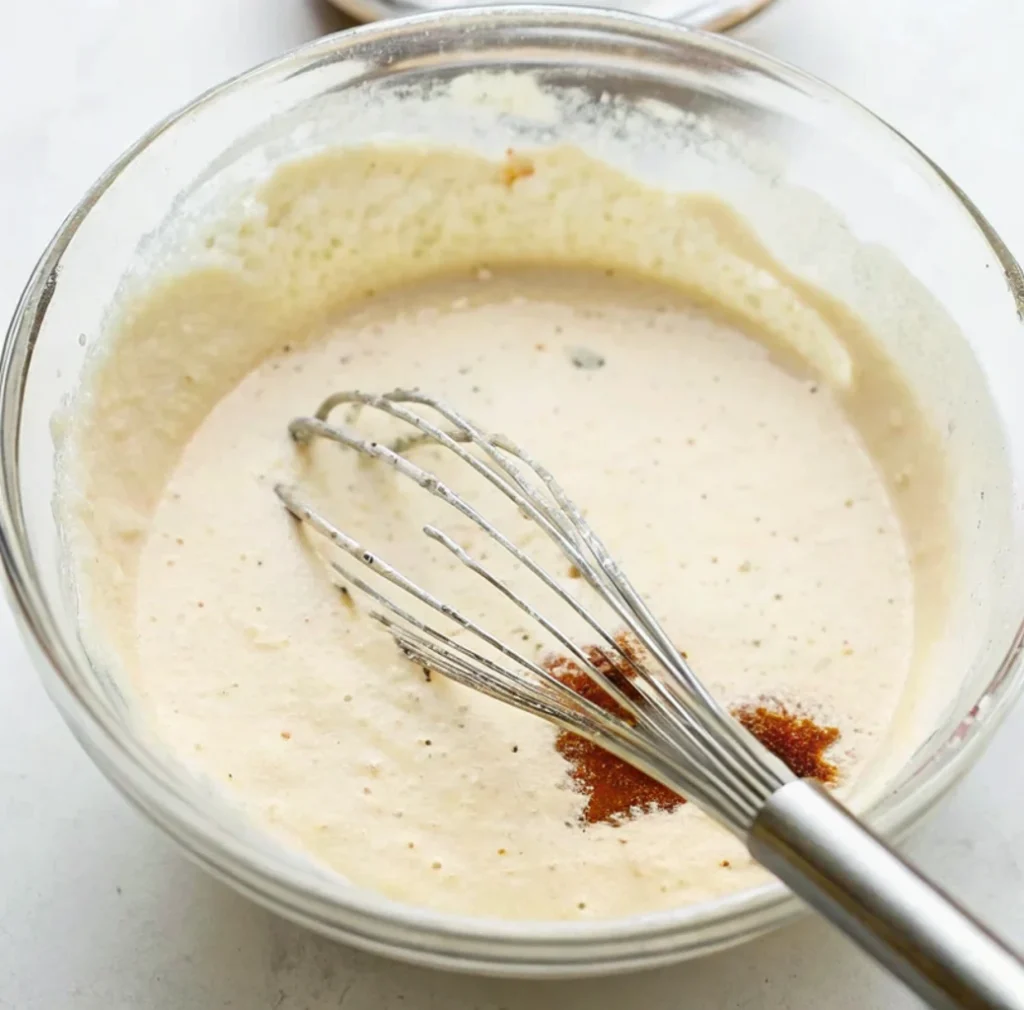 A clear glass bowl containing a mixture of flour, paprika, garlic powder, salt, and pepper. Milk. There is a wire whisk inside the bowl.