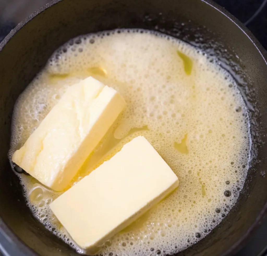 Close-up of two large sticks of butter beginning to melt and bubble in a dark cast iron pan, forming the rich, foundational ingredient for a homemade honey buffalo sauce recipe.