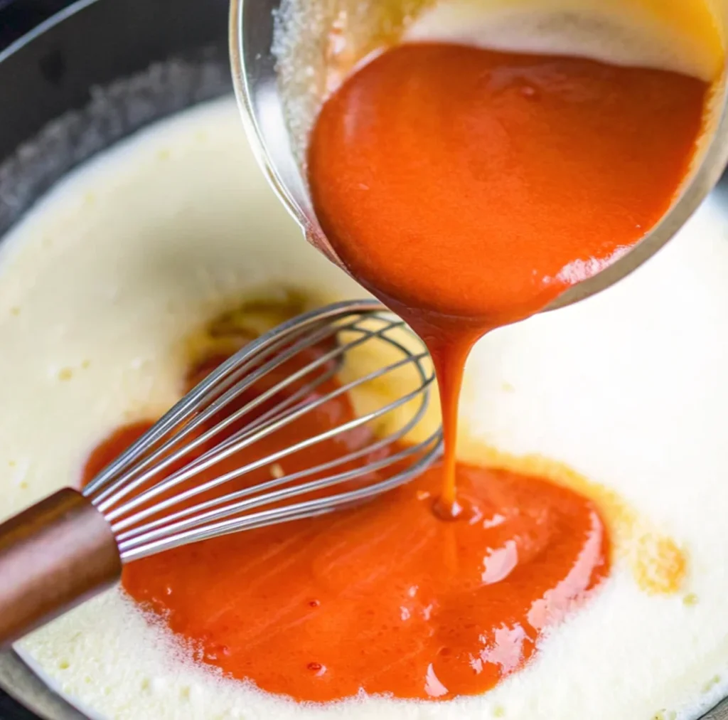 Hot spicy sauce is poured from a glass jar into a dark skillet filled with melted white butter and a drop of yellow honey. A stainless steel whisk sits in the skillet, ready to mix the ingredients of the honey and buffalo sauce.