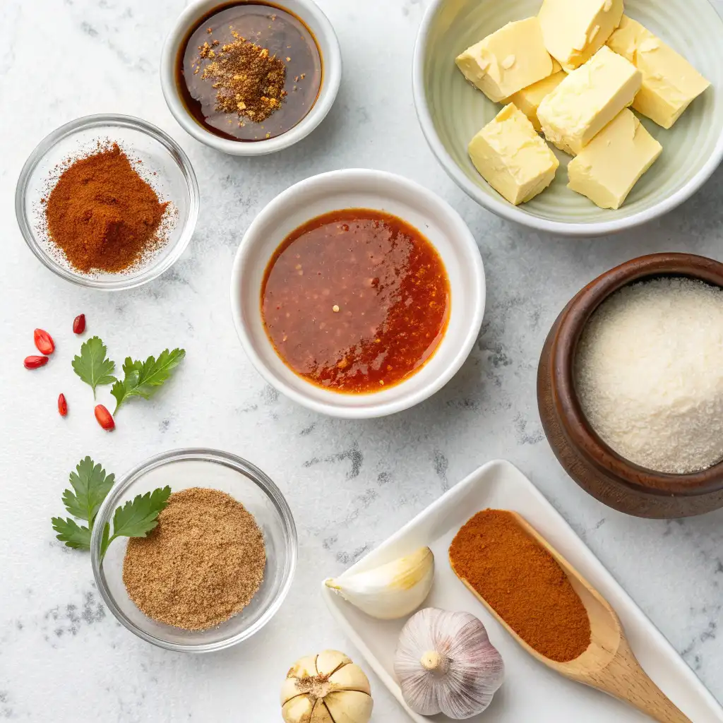 ingredients for honey buffalo sauce. They include bowls of cubed butter, various spices (paprika, chili powder, cumin), a dark liquid (Worcestershire?), and hot sauce, with garlic and sugar nearby.