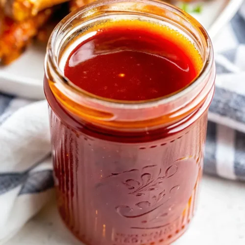 jar filled with freshly made vibrant red honey buffalo sauce sits on a countertop next to a white plate piled with sauced chicken wings, ready for dipping and serving.