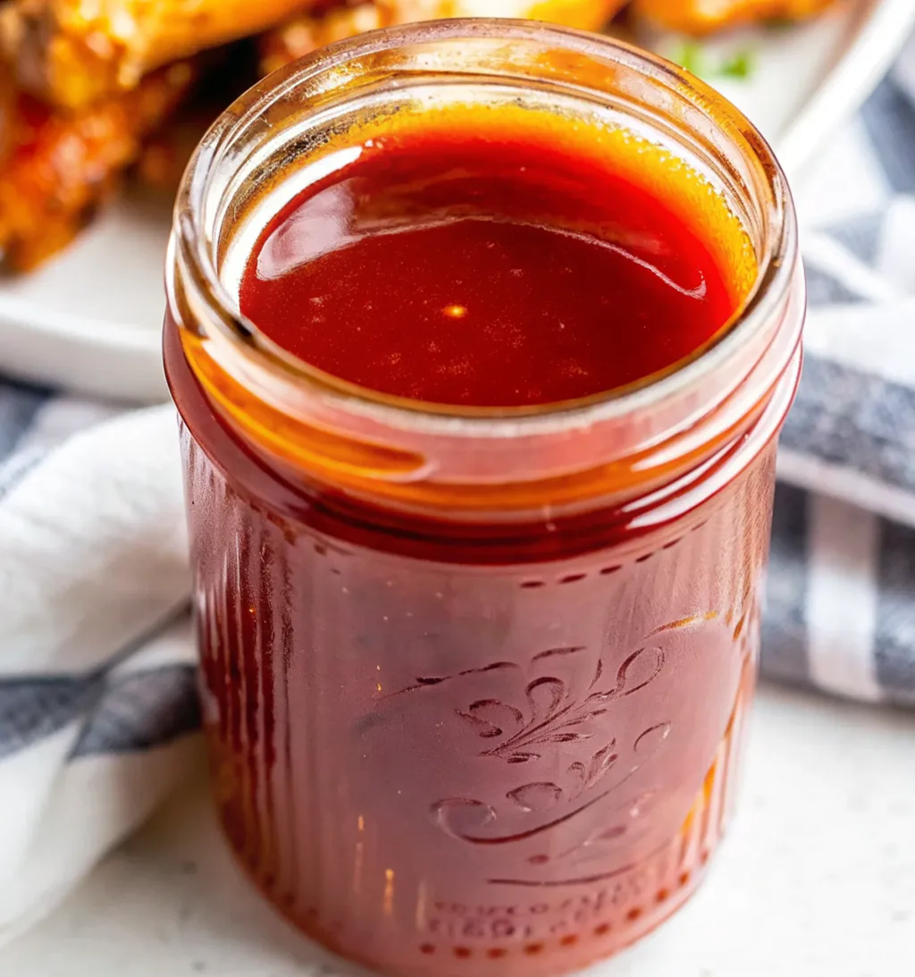 jar filled with freshly made vibrant red honey buffalo sauce sits on a countertop next to a white plate piled with sauced chicken wings, ready for dipping and serving.