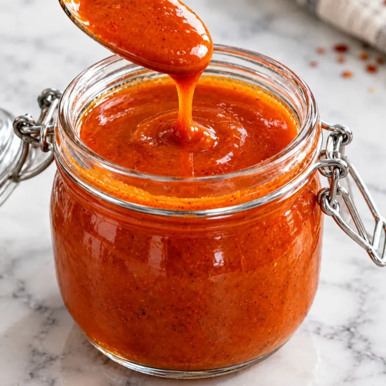 A smooth, creamy, orange-red honey Buffalo sauce, spooned from an airtight glass jar onto a marble countertop.