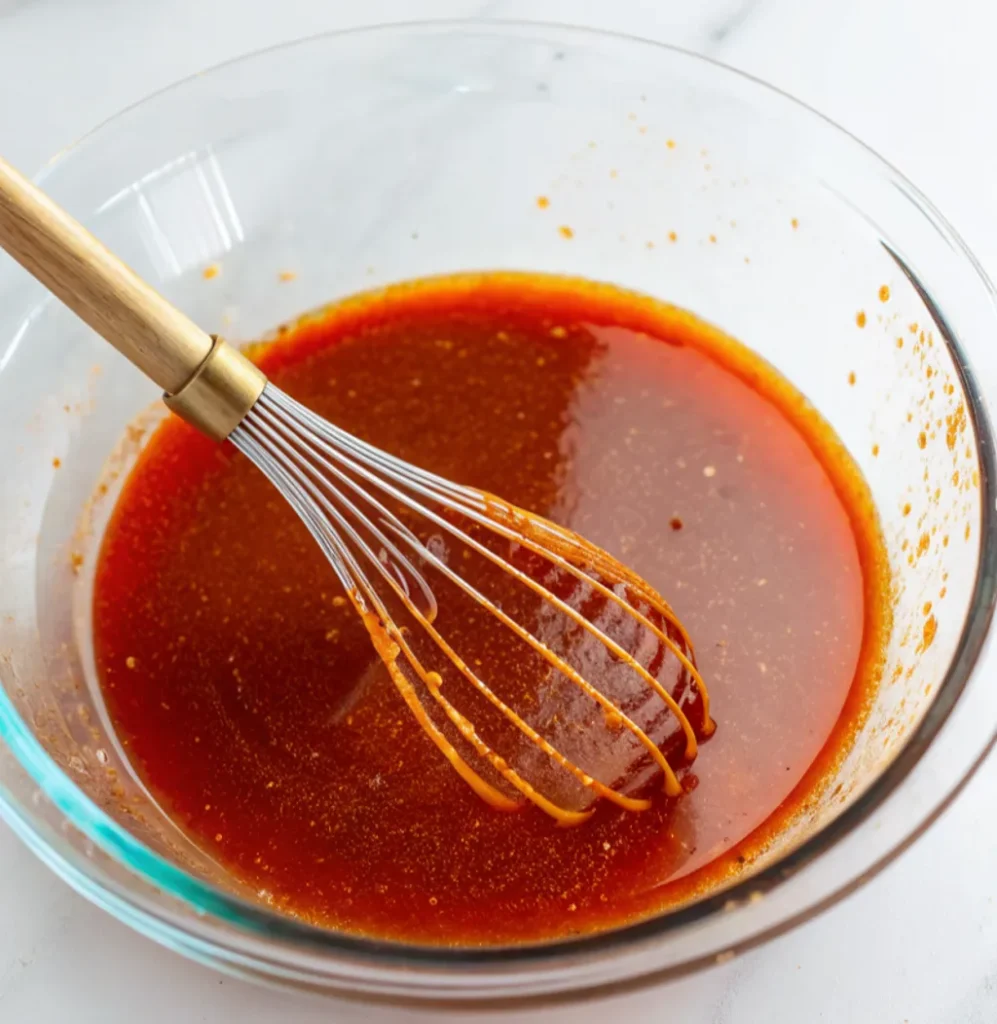 A glass mixing bowl holds the finished, rich, reddish-orange honey buffalo sauce. A stainless steel whisk with a wooden handle rests inside the bowl