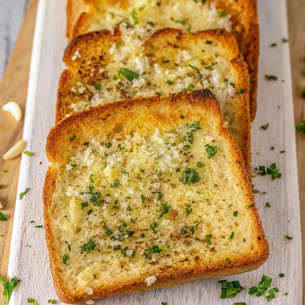 four thick slices of Texas Toast Garlic Bread resting on a white cutting board. The toast is golden-brown, generously topped with melted butter, minced garlic, parsley,